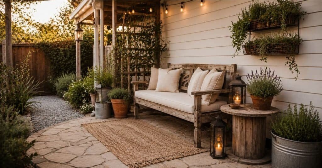 Budget rustic farmhouse outdoor decor with wood bench, terracotta pots, woven rug, and warm lanterns.