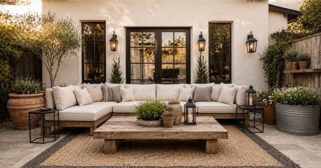 Modern rustic farmhouse outdoor decor with neutral seating, reclaimed wood table, black lanterns, and terracotta planters.