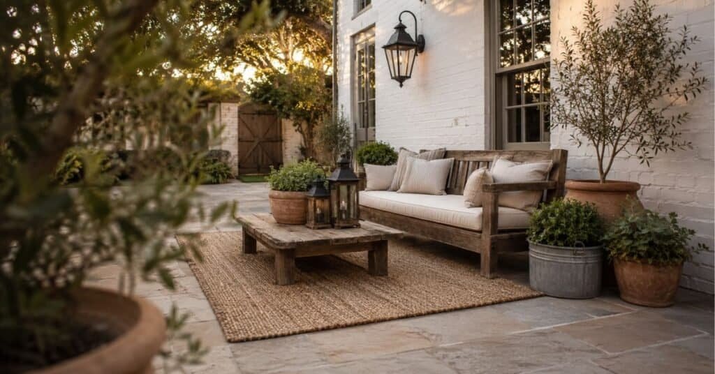 Rustic farmhouse outdoor decor with balanced patio layout, wood bench, lanterns, planters, and clear walkway.