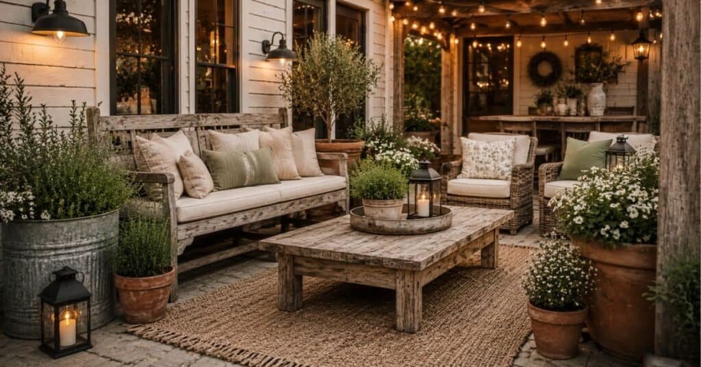 Rustic farmhouse outdoor decor with weathered wood bench, galvanized planters, lanterns, woven rug, and cozy patio seating.