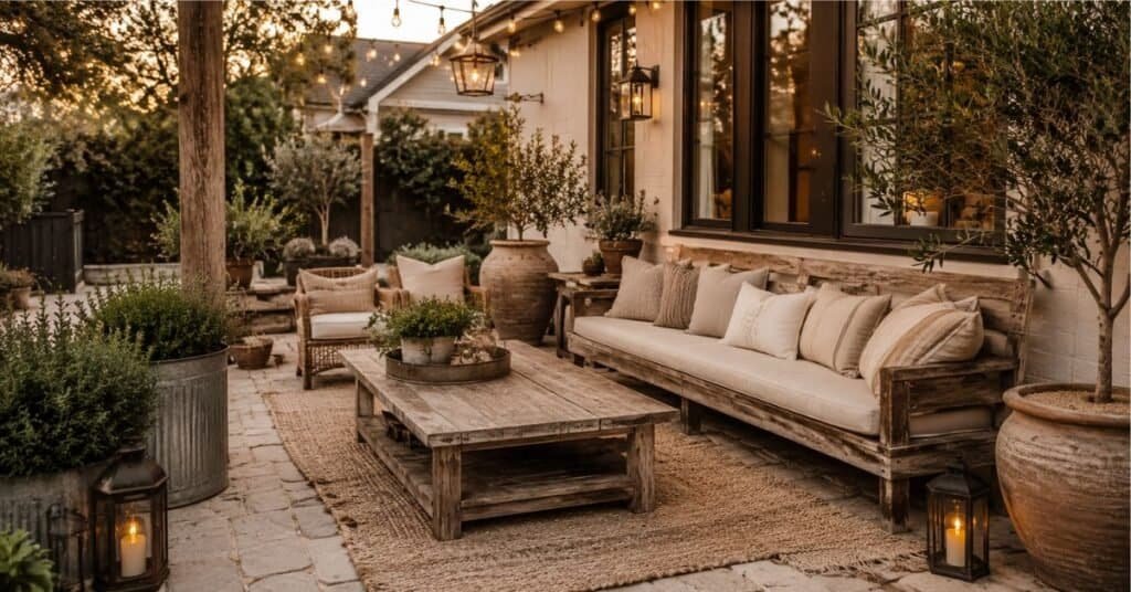 Rustic farmhouse outdoor decor with weathered wood bench, woven rug, lanterns, and cozy patio seating.