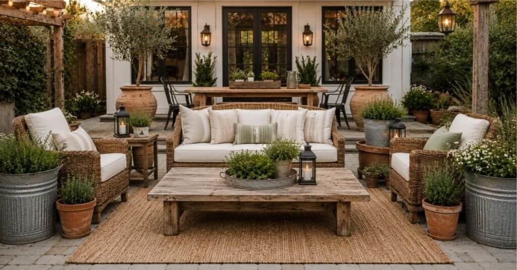 Rustic farmhouse outdoor furniture with sealed wood, black metal chairs, woven seating, neutral cushions, and patio planters.