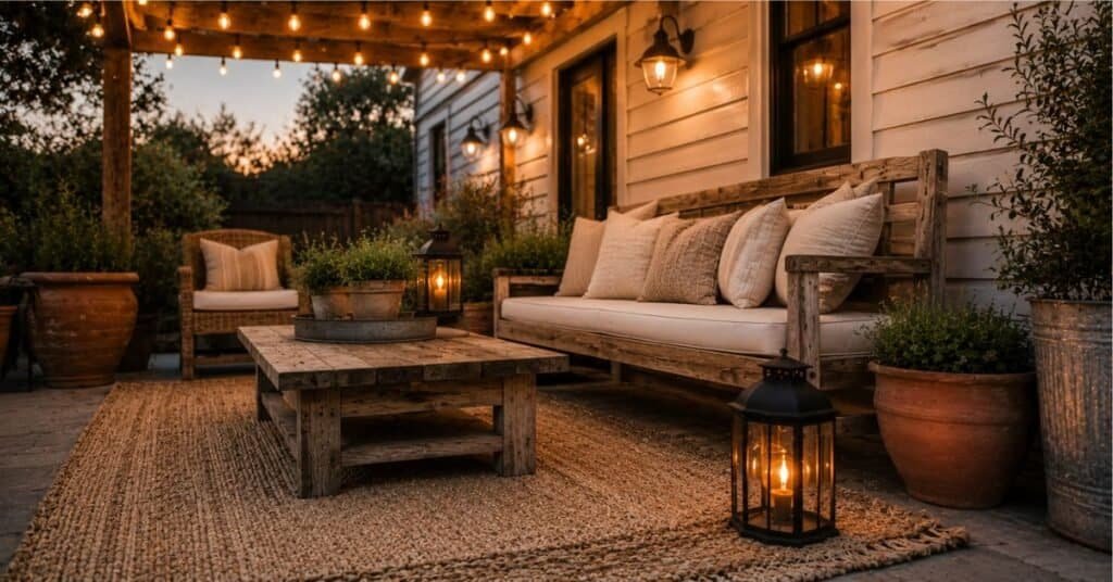 Rustic farmhouse outdoor lighting with black lanterns, string lights, warm sconces, woven rug, and cozy patio seating.