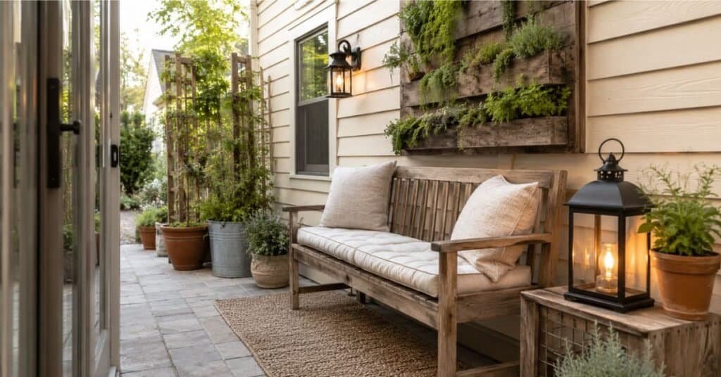 Small rustic farmhouse outdoor decor with slim wood bench, vertical greenery, lanterns, and clear patio walkway.